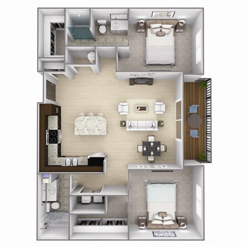 Floor plan for 2 beds, 2 baths, 1077 sqft
